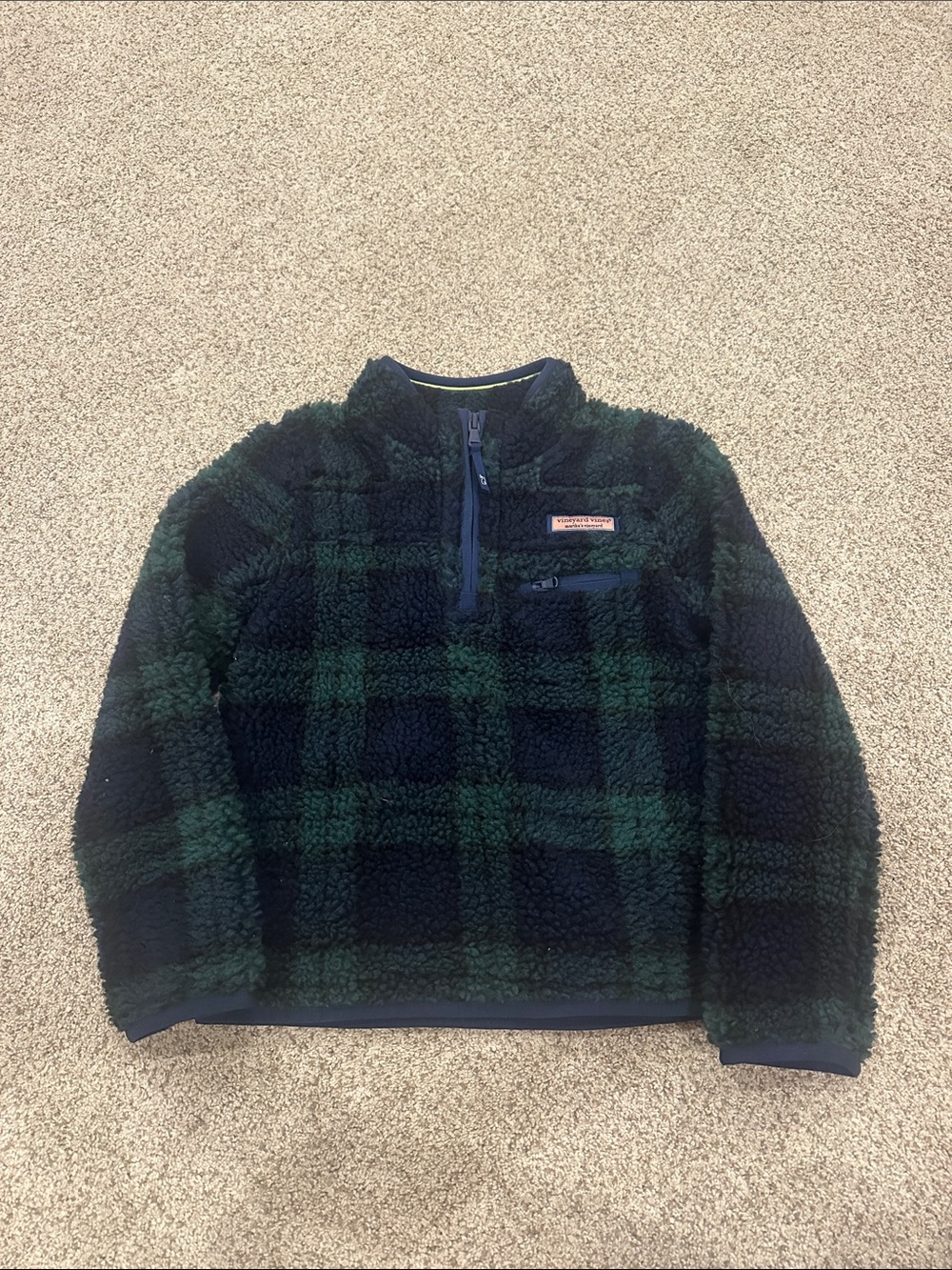 Vineyard Vines Kids Plush Sherpa Half-Zip in Green and navy Plaid XS 5-6